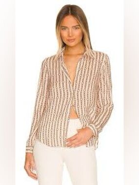 L'AGENCE Holly Blouse Tan Brown Chain Link Print Draped Popover Top Quiet Luxury